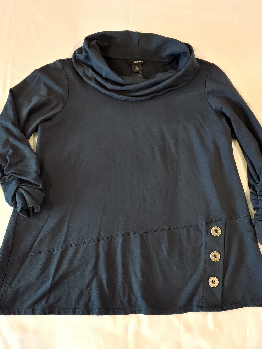 Ali Miles Oversized Cowl Neck 3/4 Ruched Sleeve Button Accent Tunic Top Shirt